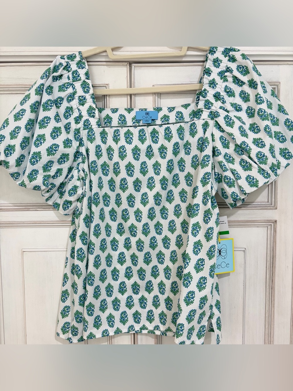 NWT SZ L CeCe White Square-Neck Puff Sleeve Floral Print Top